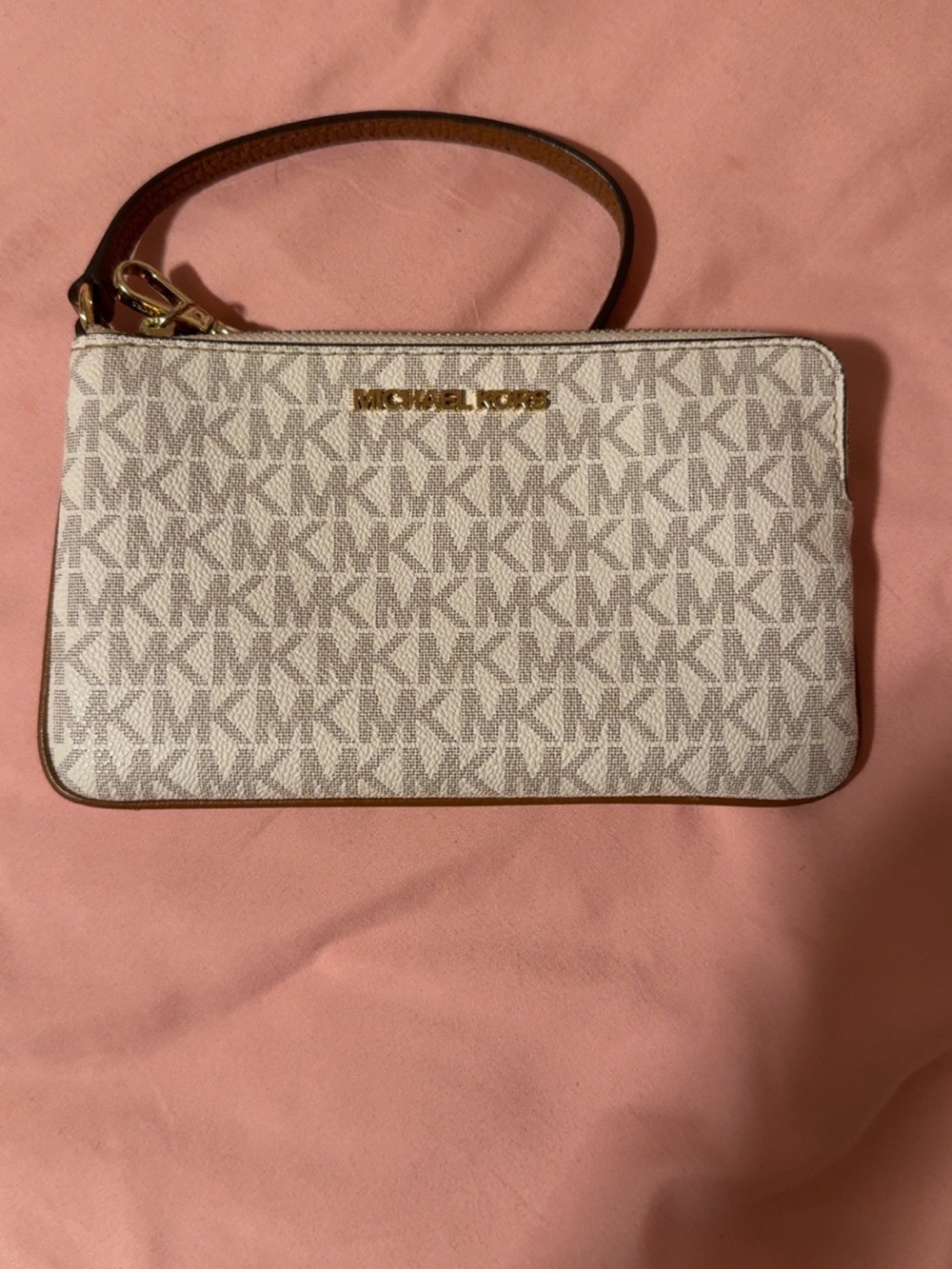Michael Kors White and Light Beige Logo Wristlet